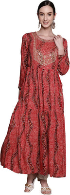 Ishin Women'S Viscose Rayon Bandhani Print Embroidered Anarkali Kurta Inwka0559_Pn_Xl_Red