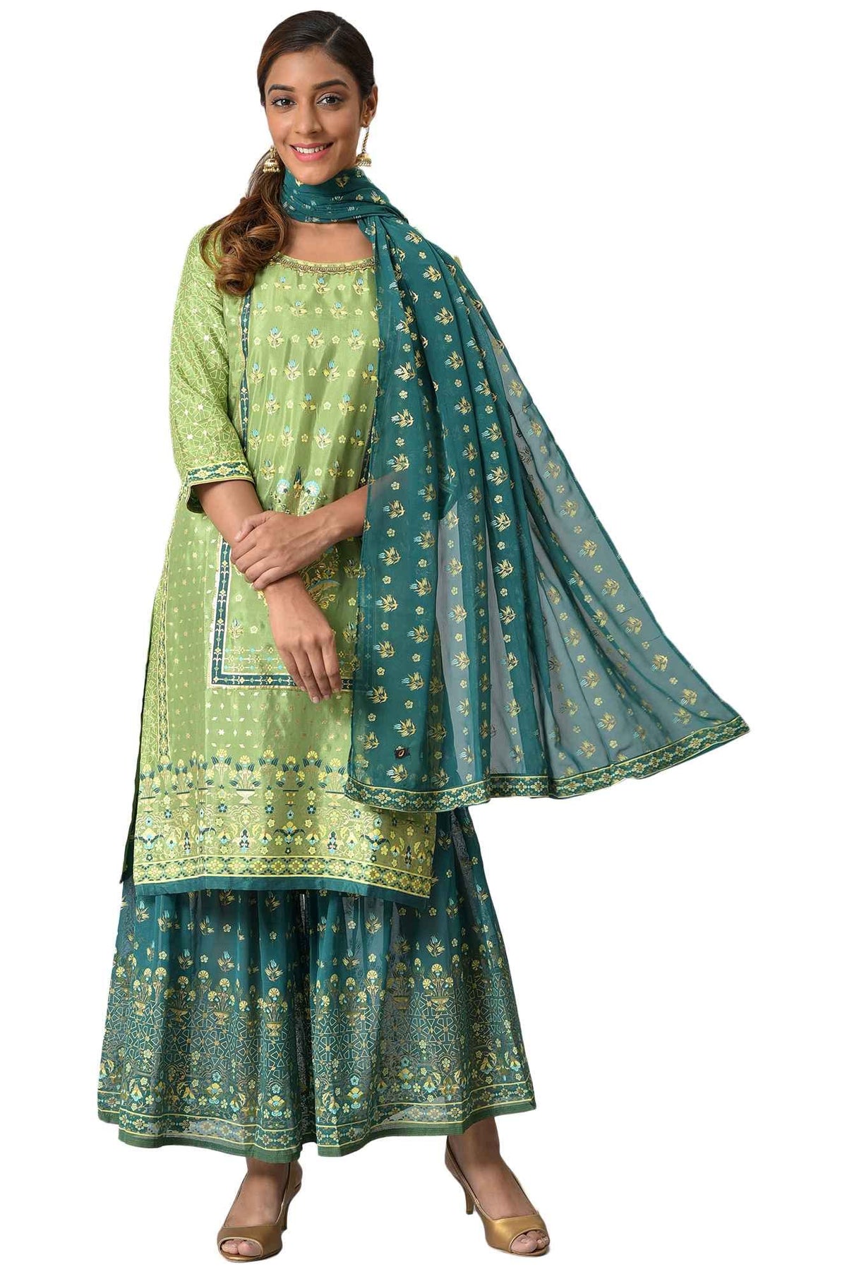 Aurelia Viscose Women Liva Green Foil Printed Kurta With Sharara And Dupatta_22Aud10444-504440_Xxl