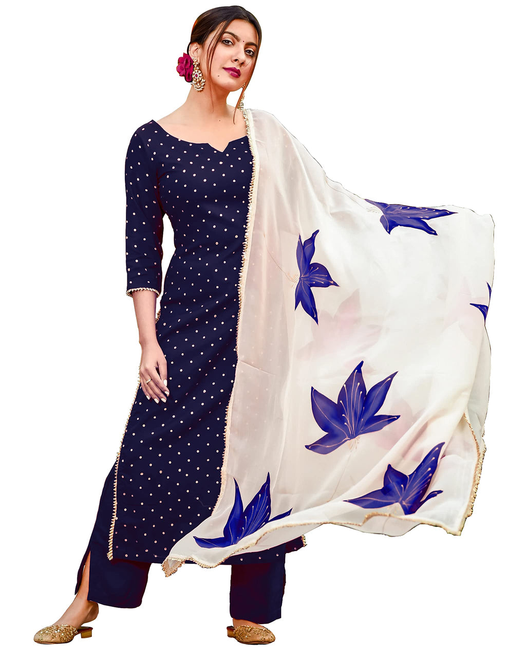 Gosriki Women'S Cotton Blend Floral Printed Straight Kurta With Palazzos & With Dupatta (Rayon-Blue-18_Xxl-Gs_Blue_Xx-Large)