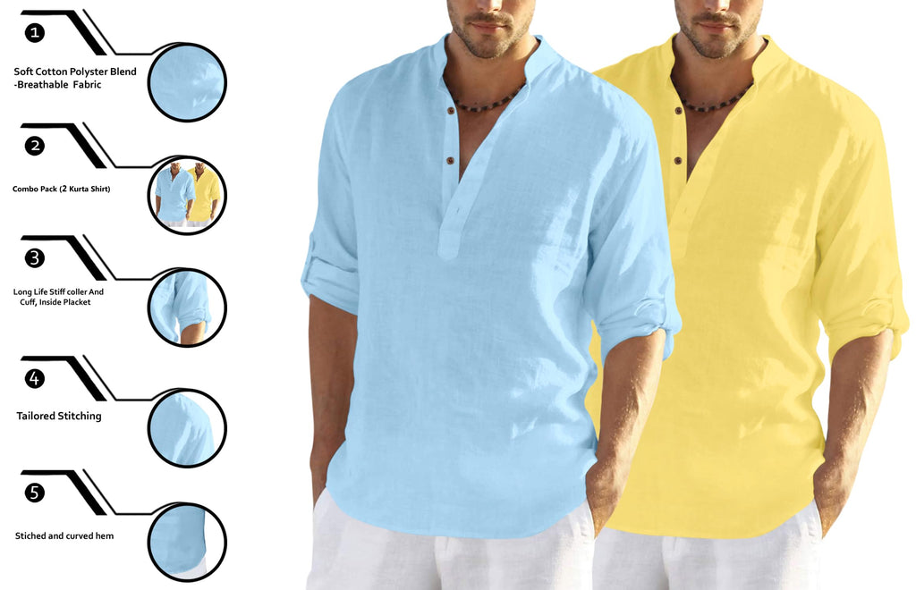 Finivo Fashion MenS Cotton Blend Solid Full Sleeve Combo Short Kurta Shirt