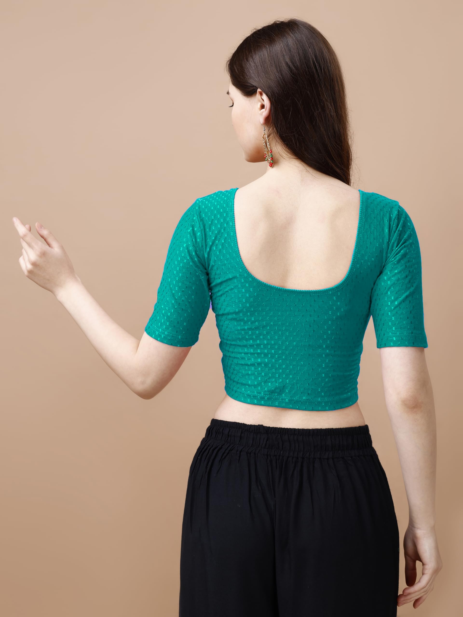 Pujia Mills WomenS Readymade Dobby Cotton Lycra Stretchable Round Neck Half Sleeve Blouse Fancy Rama Color Lycra Stretchable Bl