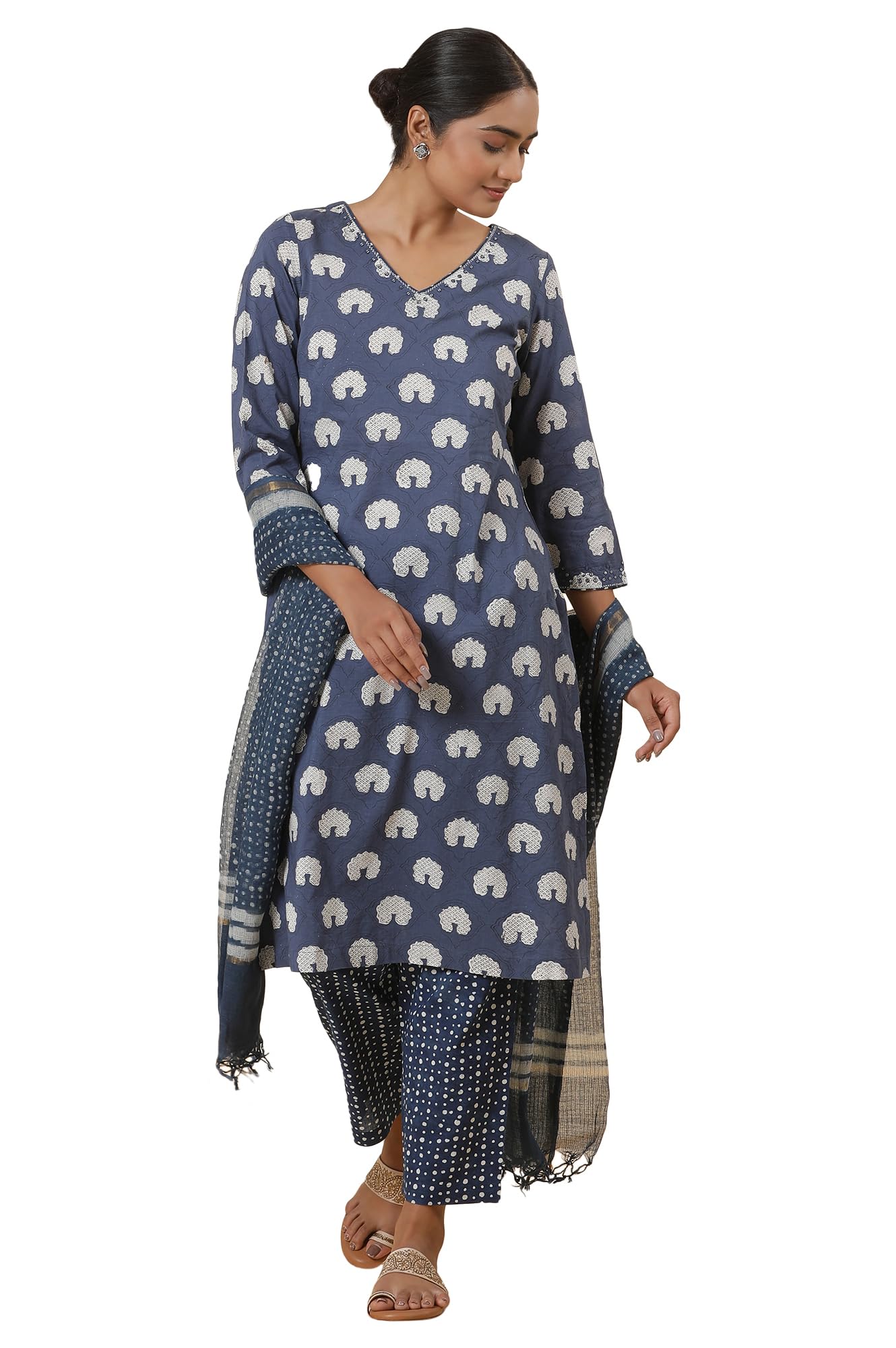 W For Woman Folksong Blue Printed Cotton Straight Kurta, Salwar Pant & Dupatta_24Mafs11931-910893_M