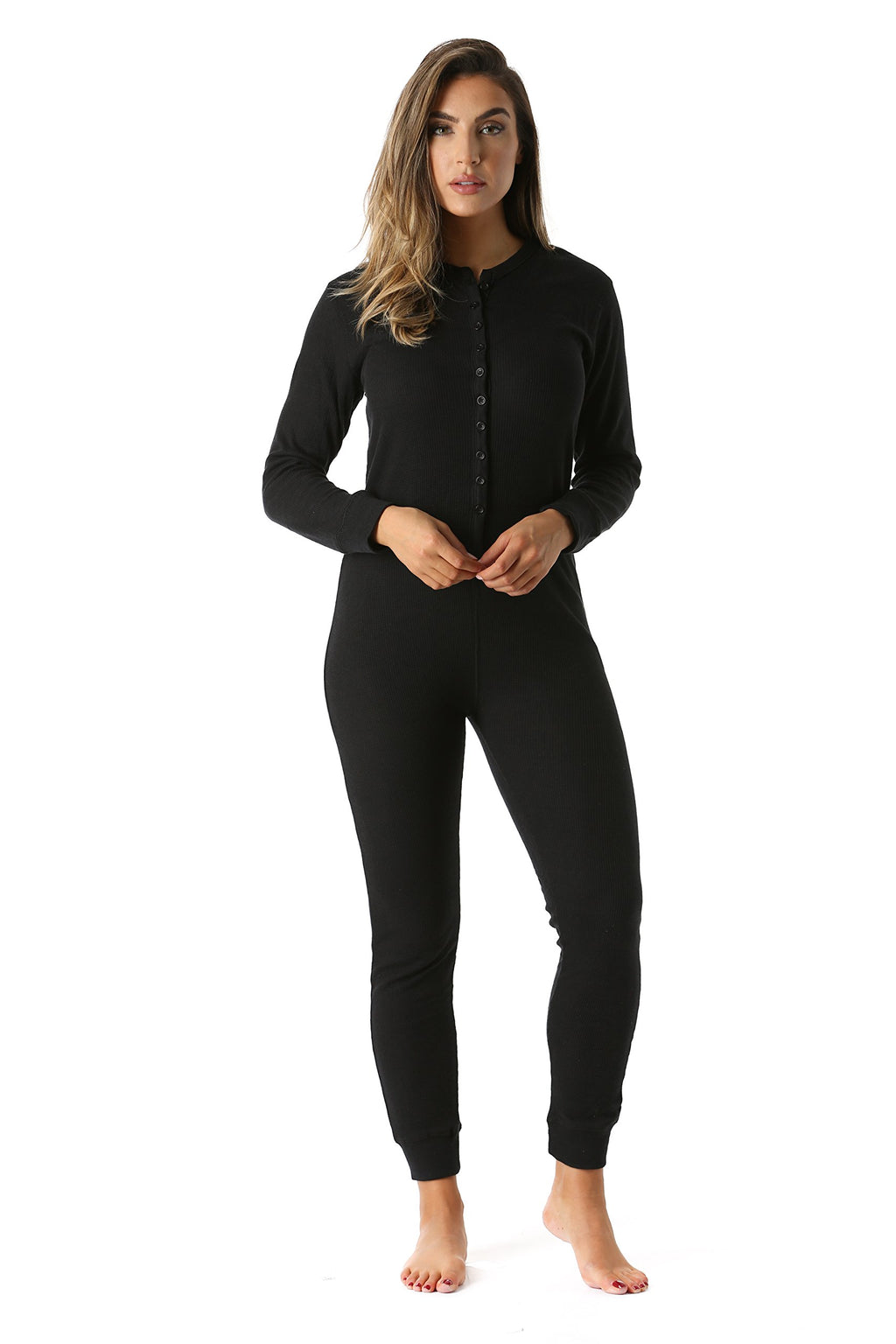 #followme Women's Thermal Henley Onesie Union Suit 6743-BLK-XL Black