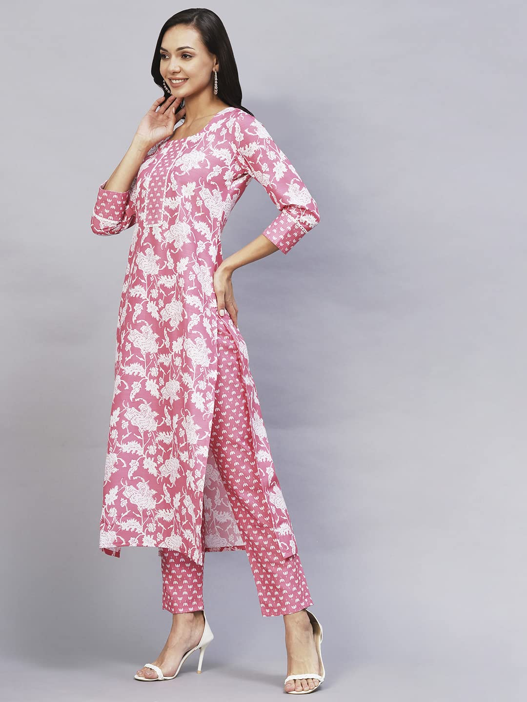ANNI DESIGNER Womens Cotton Blend Printed Straight Kurta with Pant (Pustak Pink-Nw_L_Pink_Large)