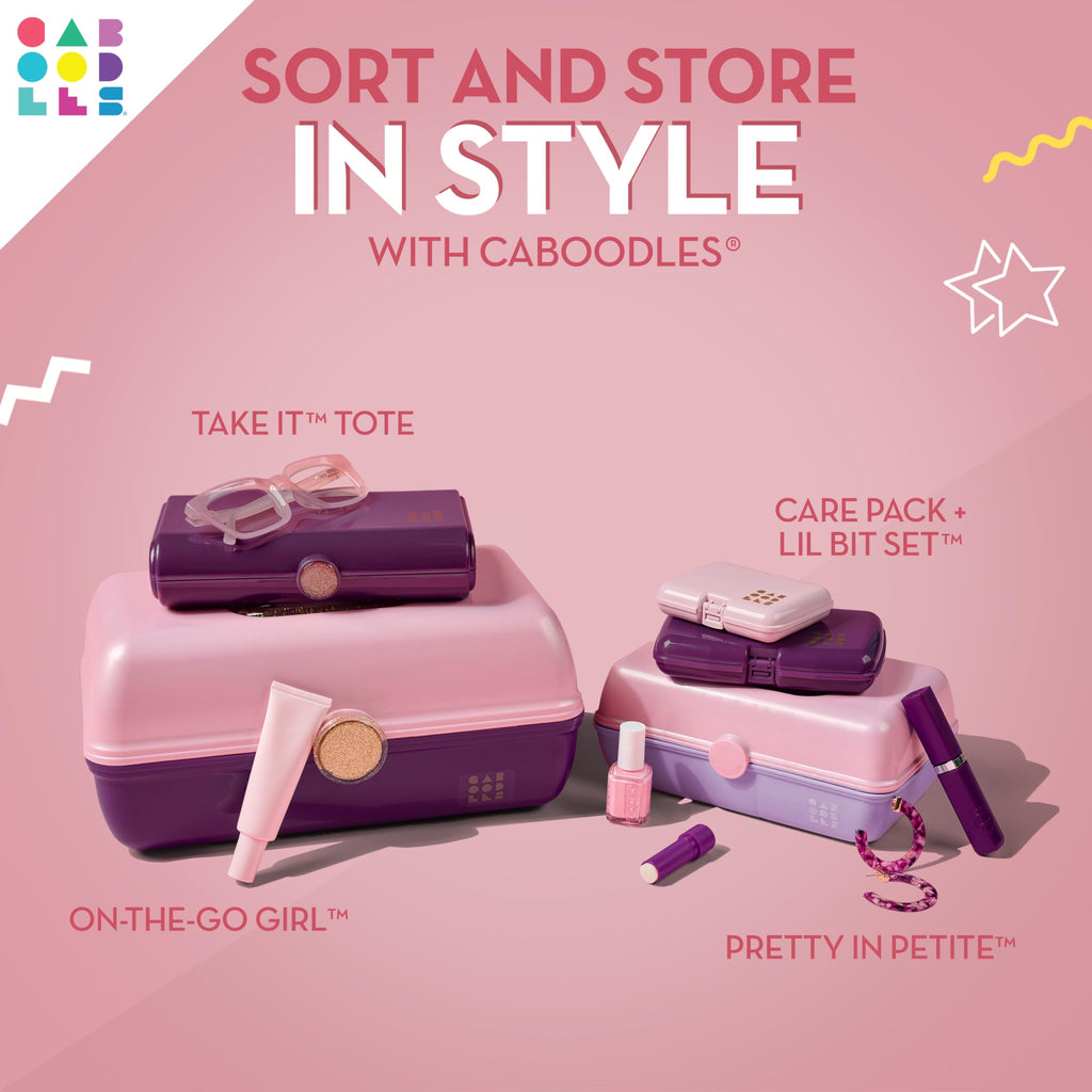 Caboodles Pretty in Petite Makeup Box, Two-Tone Pink on Lavender, Hard Plastic Organizer Box, 2 Swivel Trays, Fashion Mirror, Se