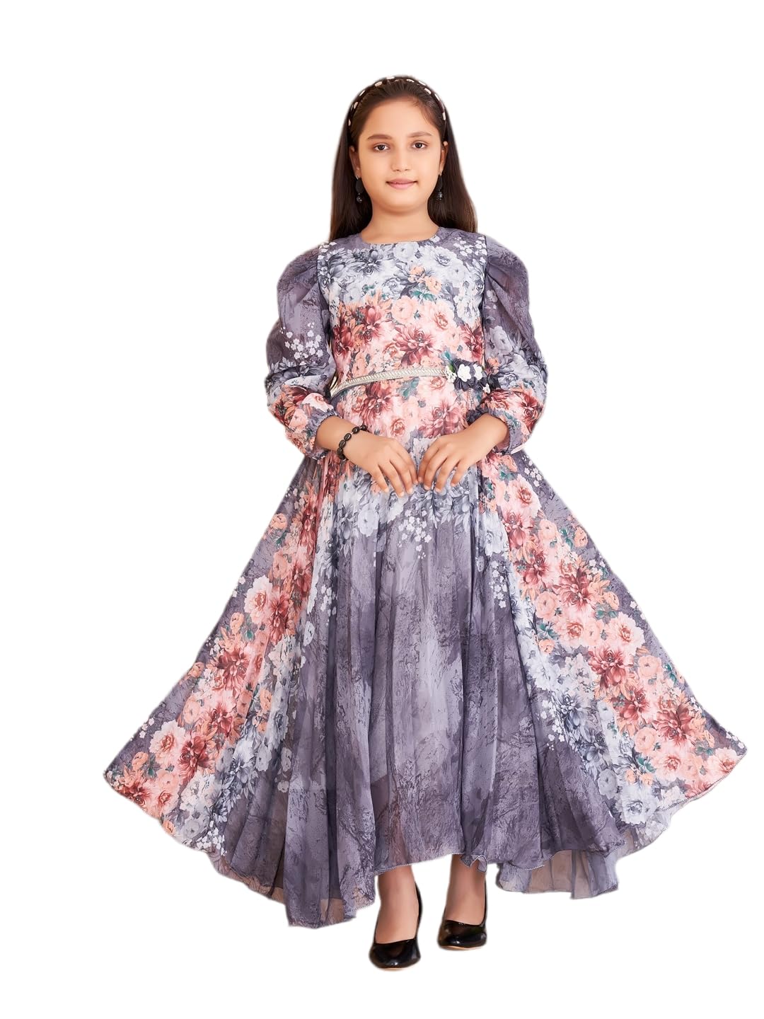Aarika Girls Peach Colour Floral Print Georgette Gown (3-15 Years)