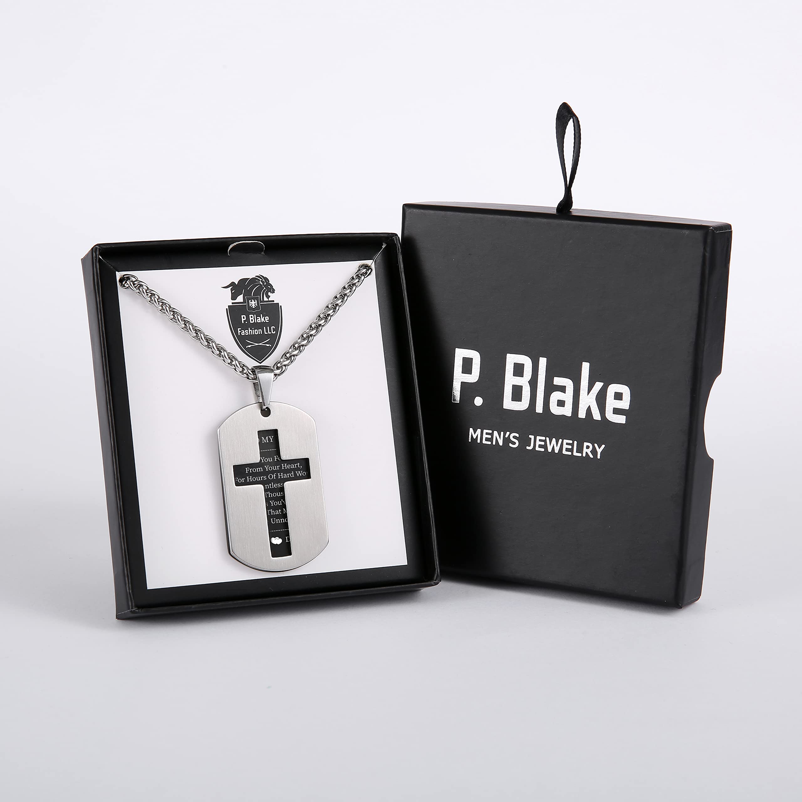 P.Blake Dog Tag Cross Necklace for Father Dad Daddy Stainless Steel Cross Pendant Christian Religious Jewelry Christmas Fathers