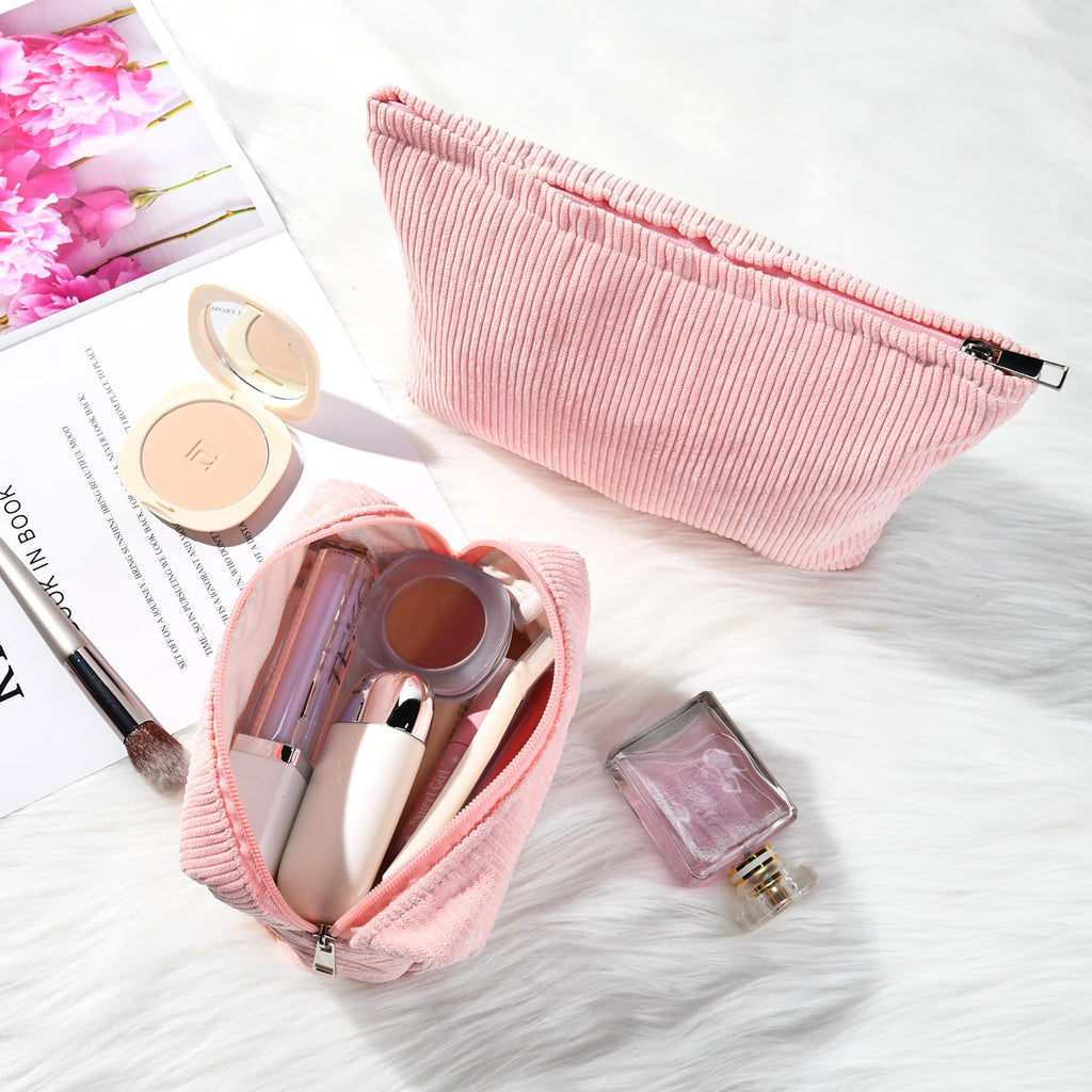 SOIDRAM 2 Pieces Makeup Bag Large Corduroy Cosmetic Bag Capacity Canvas Mix Travel Toiletry Bag Organizer Cute Makeup Brushes Ae