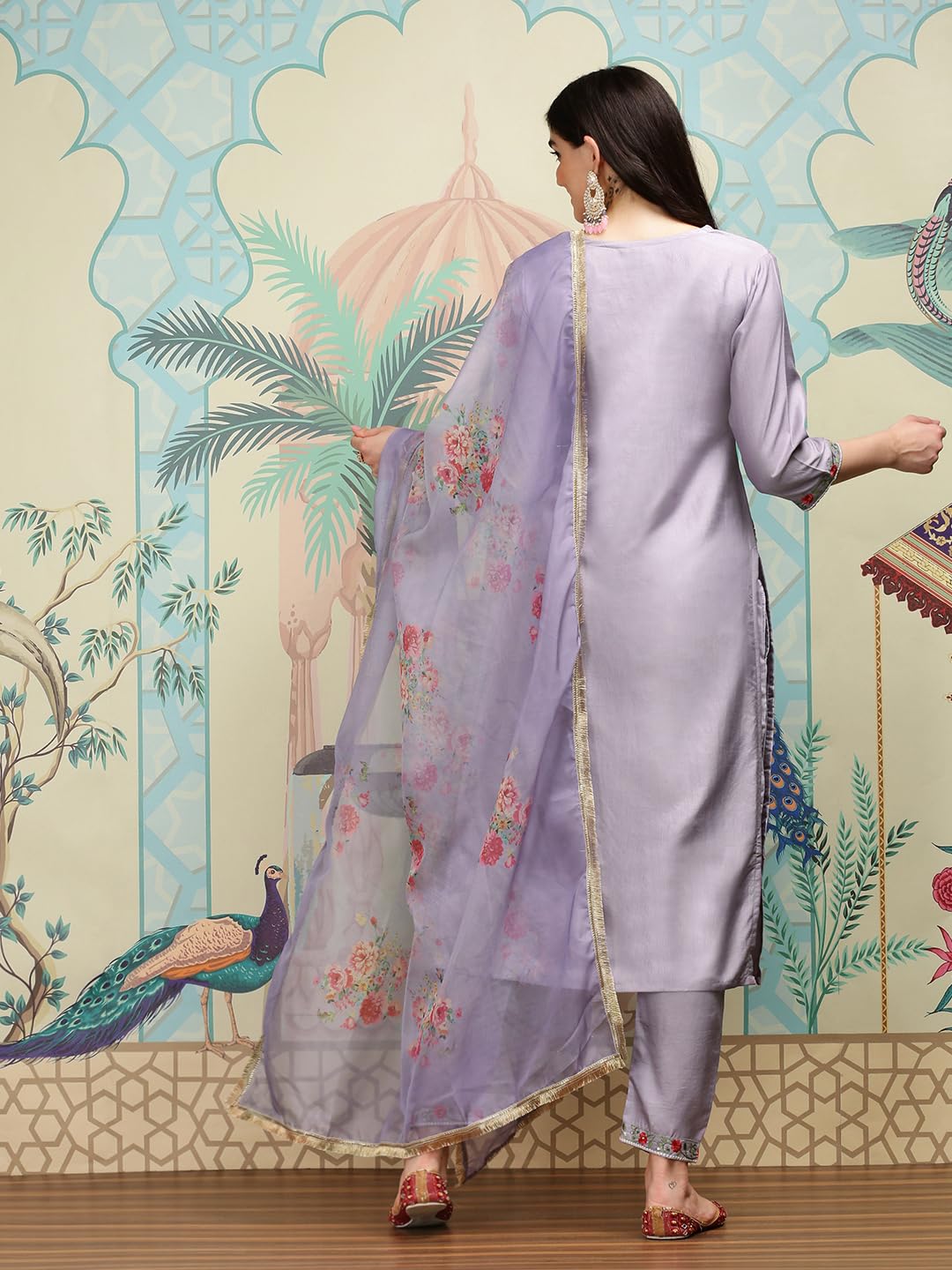 Ishin Floral Embroidered Thread Work Silk Chiffon Straight Kurta With Trousers & Dupatta | Kurta Set For Women | Kurta With Trousers And Dupatta