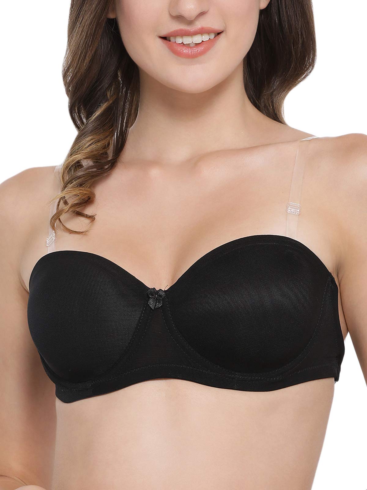 Clovia Womens Cotton Padded Underwire T-Shirt Bra with Transparent Straps and Band (BR1925P1332D_Black_32D_Black_32D)