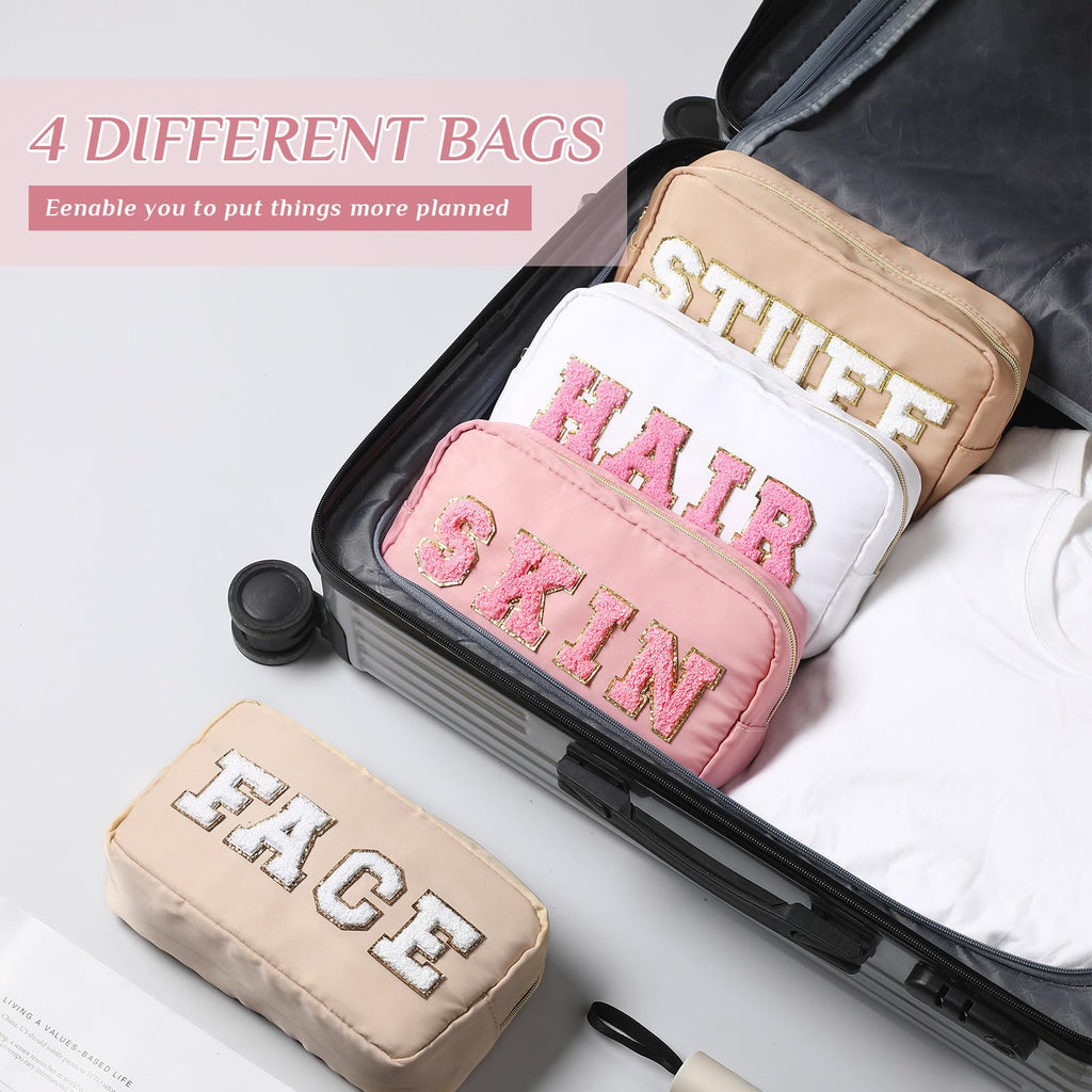 Remerry 4 Pcs Nylon Cosmetic Bag Travel Organizer Chenille Letter Makeup Pouch Zipper Preppy Waterproof Hair Bag Toiletry Pouch
