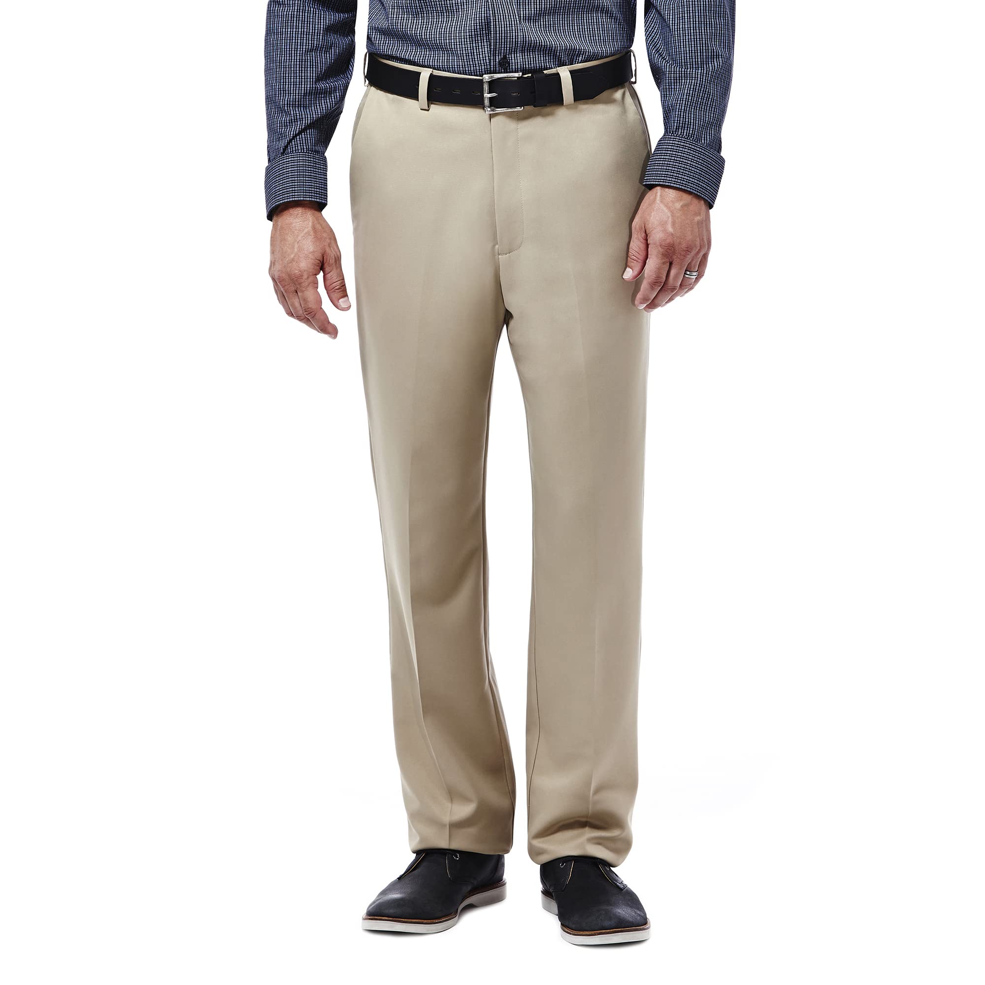 Haggar mens Cool 18 Stria Hidden Expandable Waistband Plain Front casual pants, British Khaki, 38W x 30L US