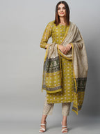 ANNI DESIGNER Womens Cotton Blend Straight Printed Kurta with Pant & Dupatta (Stamp Green_XXL_Green_XX-Large)