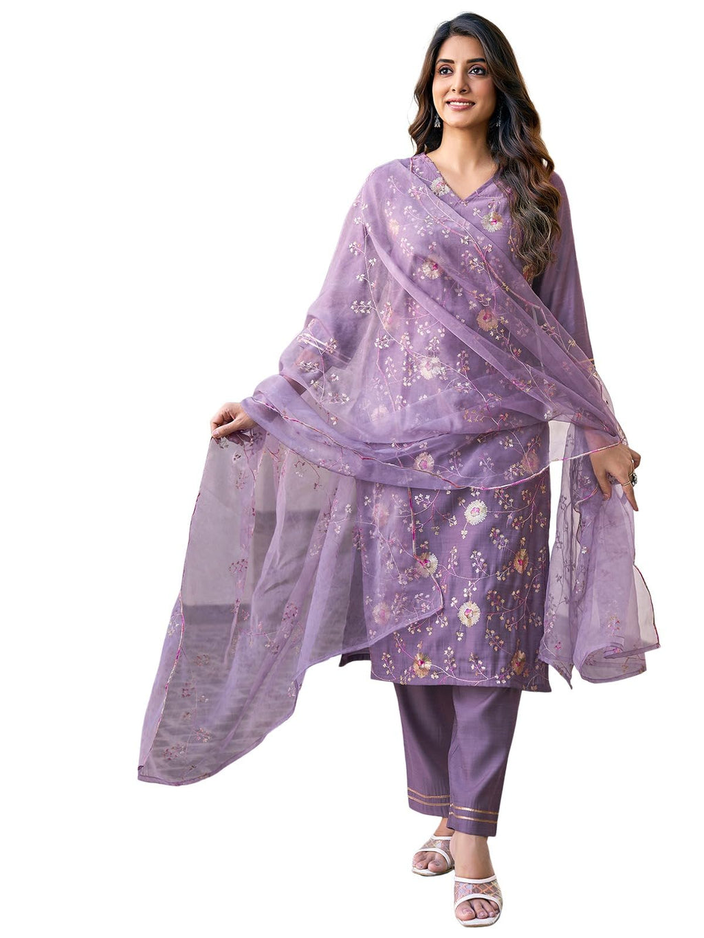 Sanisa Women'S Silk Blend Sequence And Embroidery Work Straight Kurta With Pant And Dupatta Set (191Kbd2033N-S_Dusty Purple)