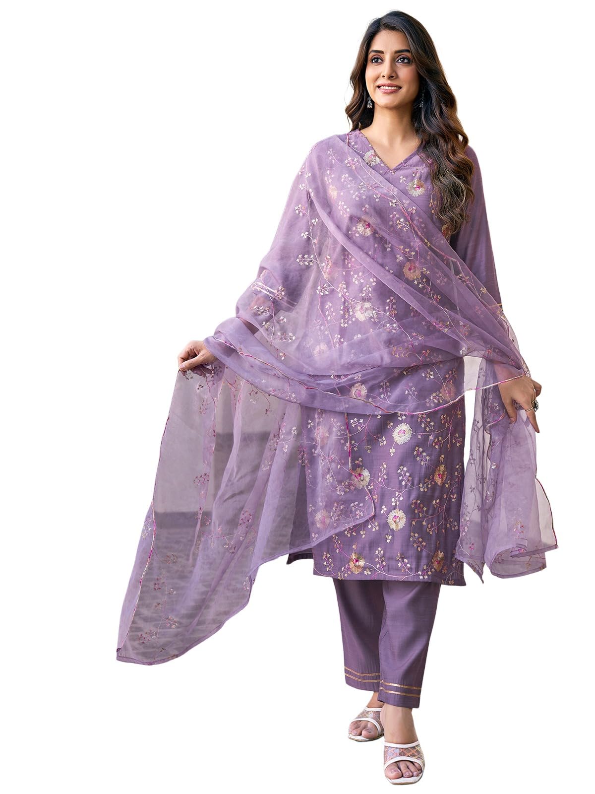 Sanisa Women'S Silk Blend Sequence And Embroidery Work Straight Kurta With Pant And Dupatta Set (191Kbd2033N-S_Dusty Purple)