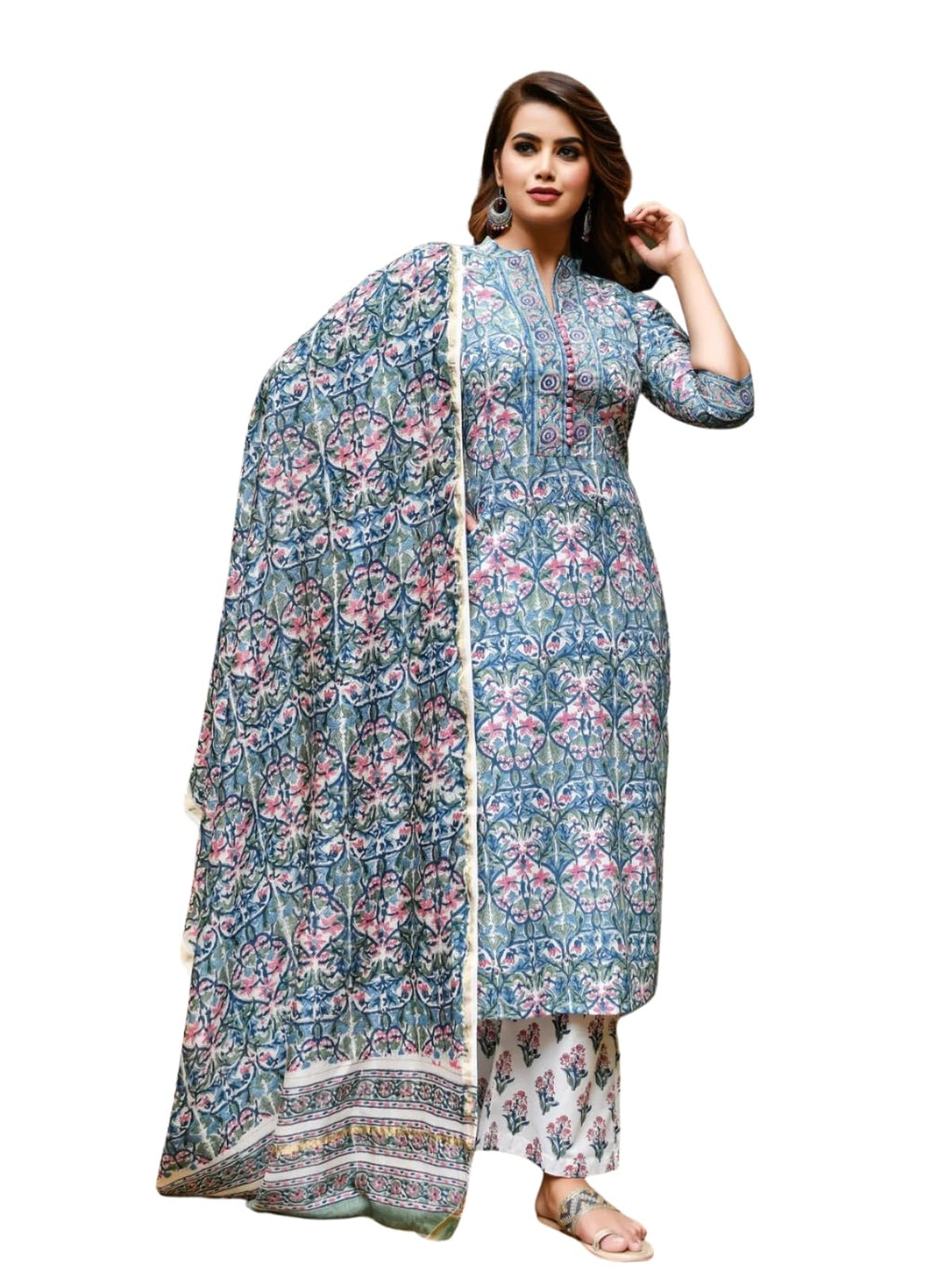 Dhruvi Trendz Womens Cotton Blend Women Kurta Set With Duptta And Pant Regular Fit Regular (Dt-K2712&P134&D89_Turquoise_L)