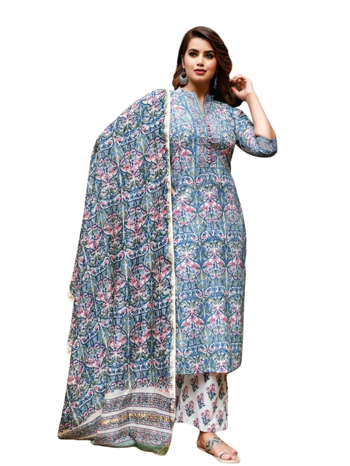 Dhruvi Trendz Womens Cotton Blend Women Kurta Set With Duptta And Pant Regular Fit Regular (Dt-K2712&P134&D89_Turquoise_L)