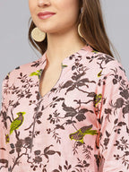 Idalia Womens Ethnic Wear Baby Pink And Grey Printed Straight Cotton Kurta With Palazzo Set For Women Fashion
