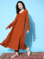 Varanga Women Rust Colour Bishop Sleeve A-Line Kurta With Front Pleat, V-Neck, Paired With Tonal Bottom