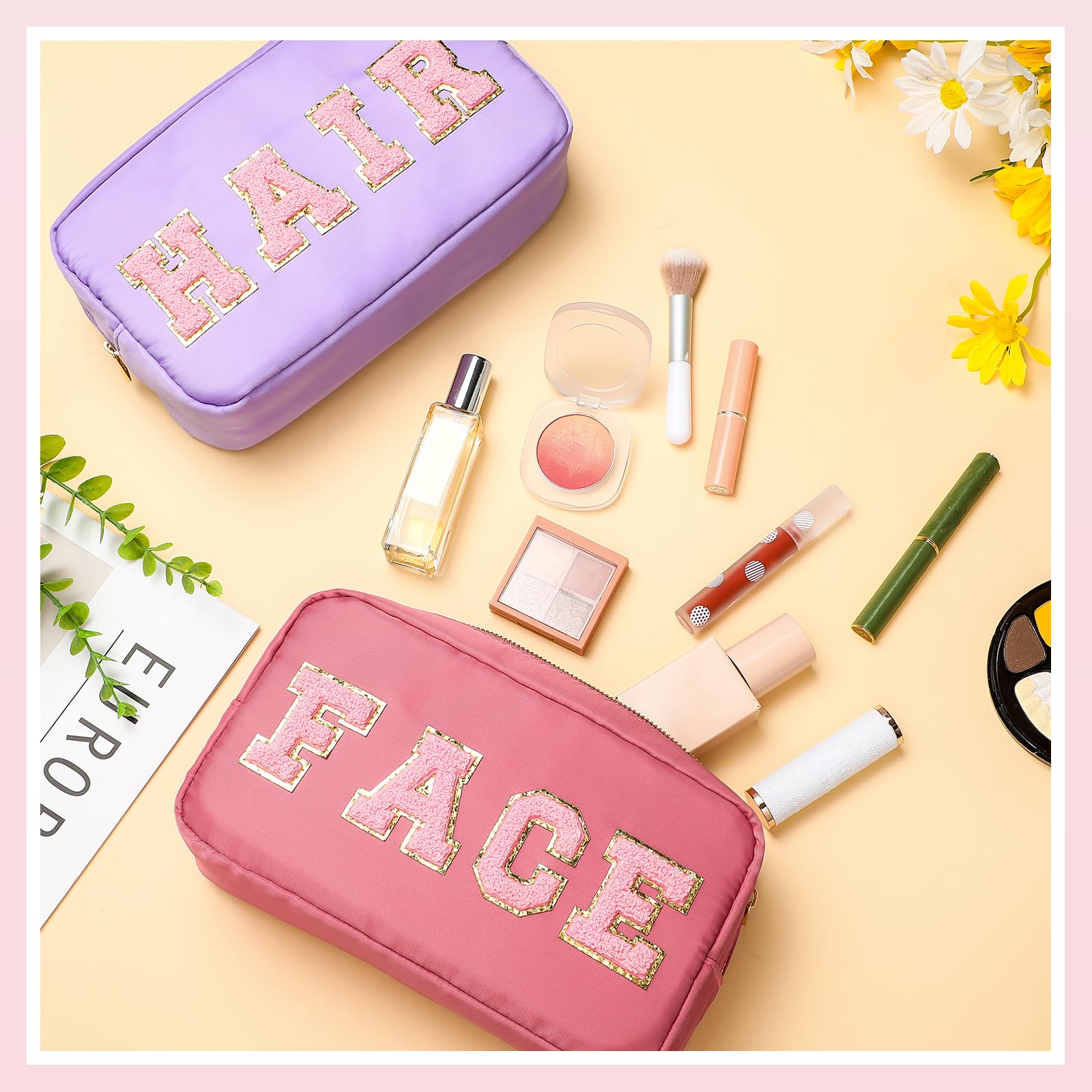 Remerry 4 Pcs Makeup Bag Travel Cosmetic Bag Organization Chenille Letter Toiletries Stuff Pouch Preppy Waterproof Bag Gift for