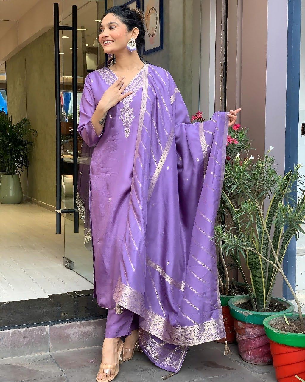 ANNI DESIGNER Women s viscose rayon embroidered straight Kurta with trousers and dupatta, purple, Small