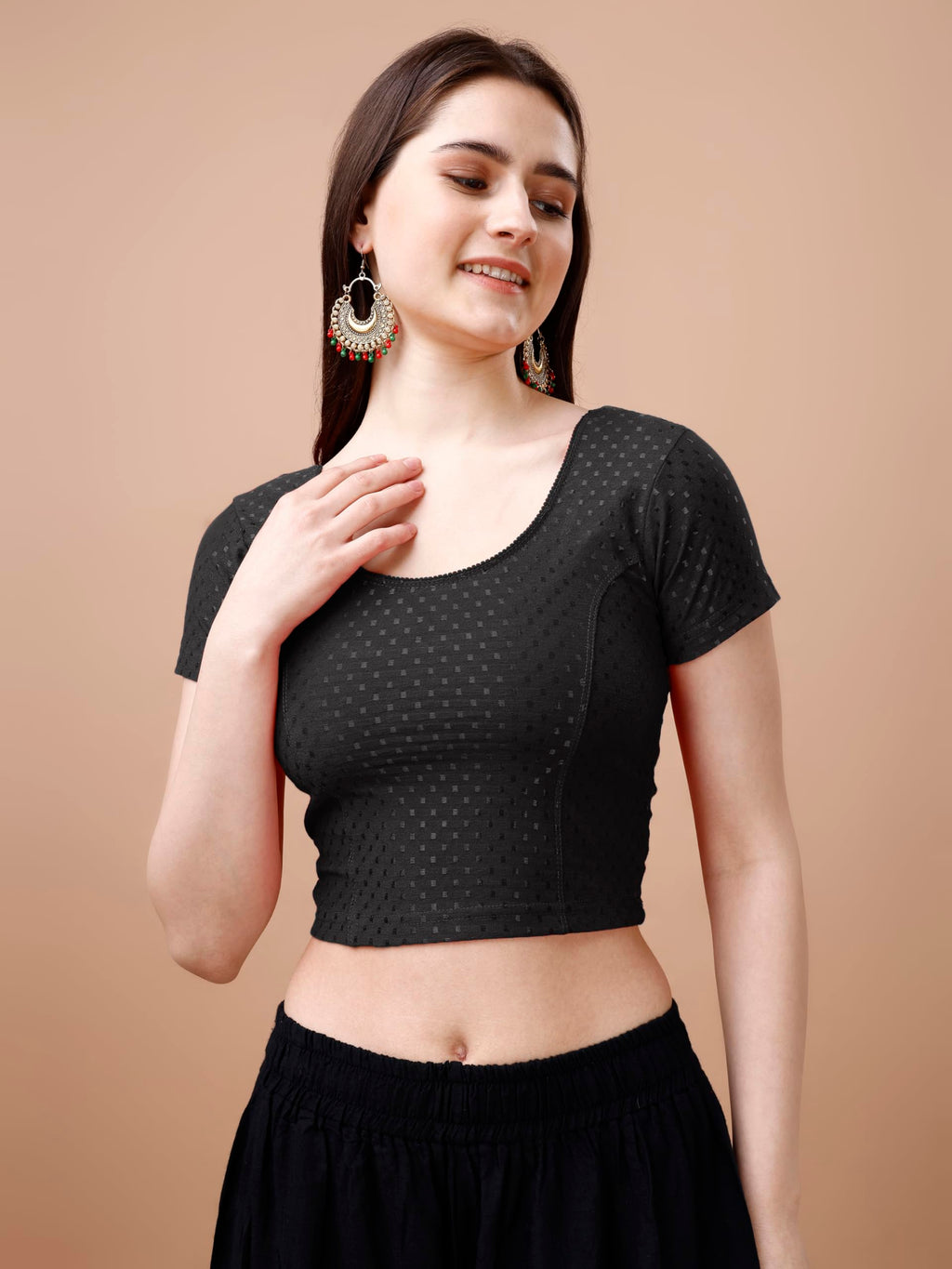 Pujia Mills WomenS Readymade Dobby Cotton Lycra Stretchable Round Neck Short Sleeve Blouse Fancy Black Color Lycra Stretchable