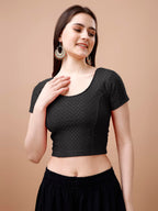 Pujia Mills WomenS Readymade Dobby Cotton Lycra Stretchable Round Neck Short Sleeve Blouse Fancy Black Color Lycra Stretchable