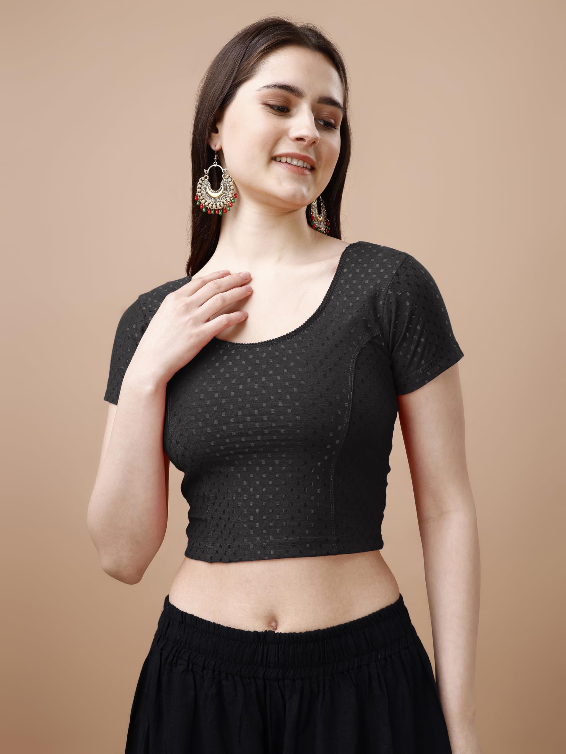 Pujia Mills WomenS Readymade Dobby Cotton Lycra Stretchable Round Neck Short Sleeve Blouse Fancy Black Color Lycra Stretchable