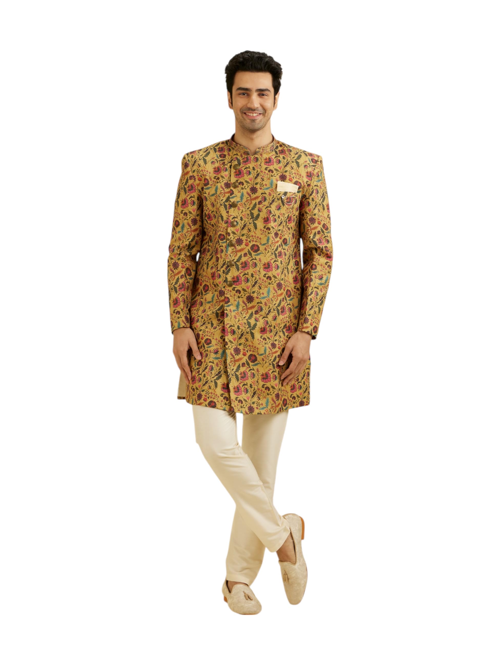 Manyavar MenS Viscose Blend Floral Print Kurta Set (Mustard,Xxl)