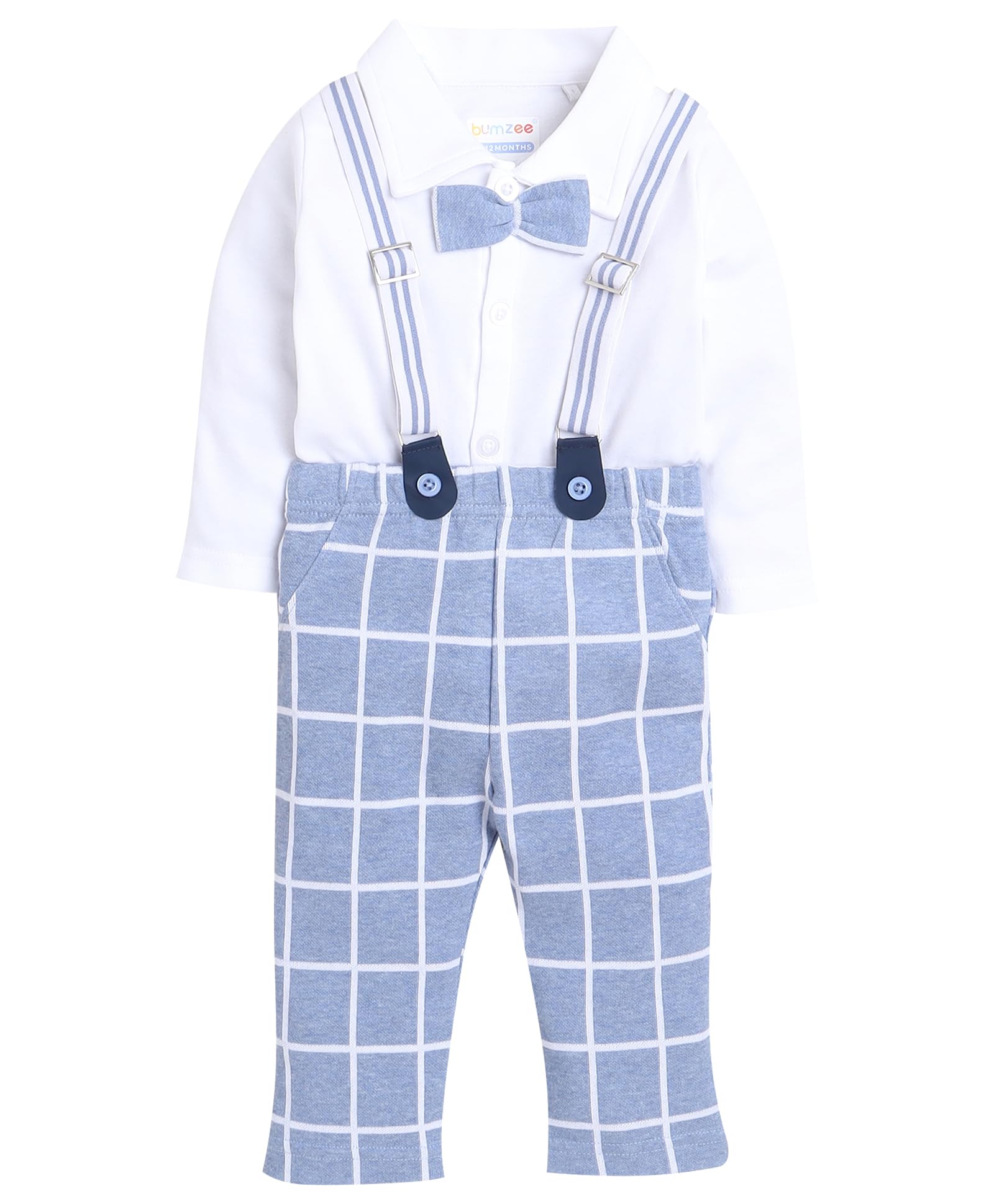 BUMZEE Sky Blue & White Boys Full Sleeves Shirt Pant Set With Suspender & Cap Age - 2-3 Years