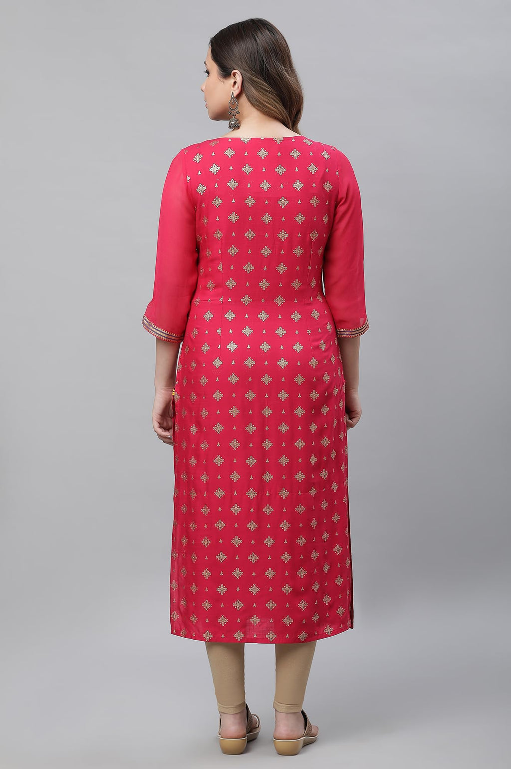 Aurelia Pink Foil Pattern Lace Straight Long Kurta
