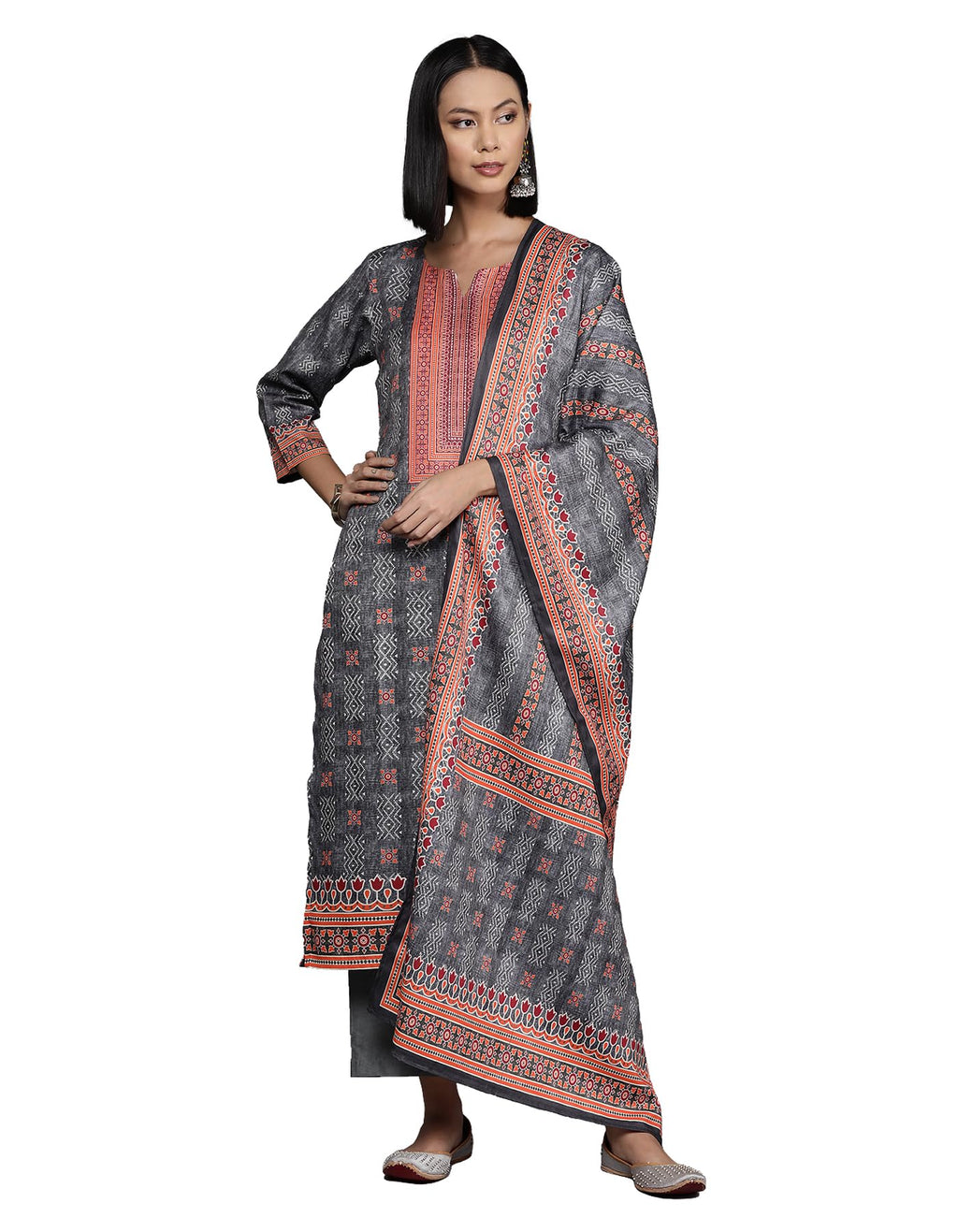 Varanga Women Grey Woolen Ethnic Motif Printed Straight Kurta Paired With Tonal Bottom And Dupatta - Cozy And Elegant Winter Wea