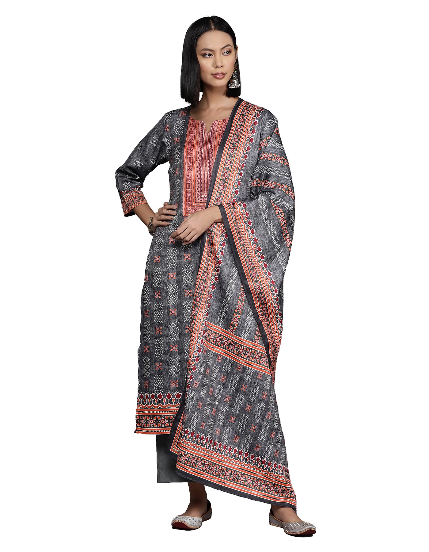 Varanga Women Grey Woolen Ethnic Motif Printed Straight Kurta Paired With Tonal Bottom And Dupatta - Cozy And Elegant Winter Wea