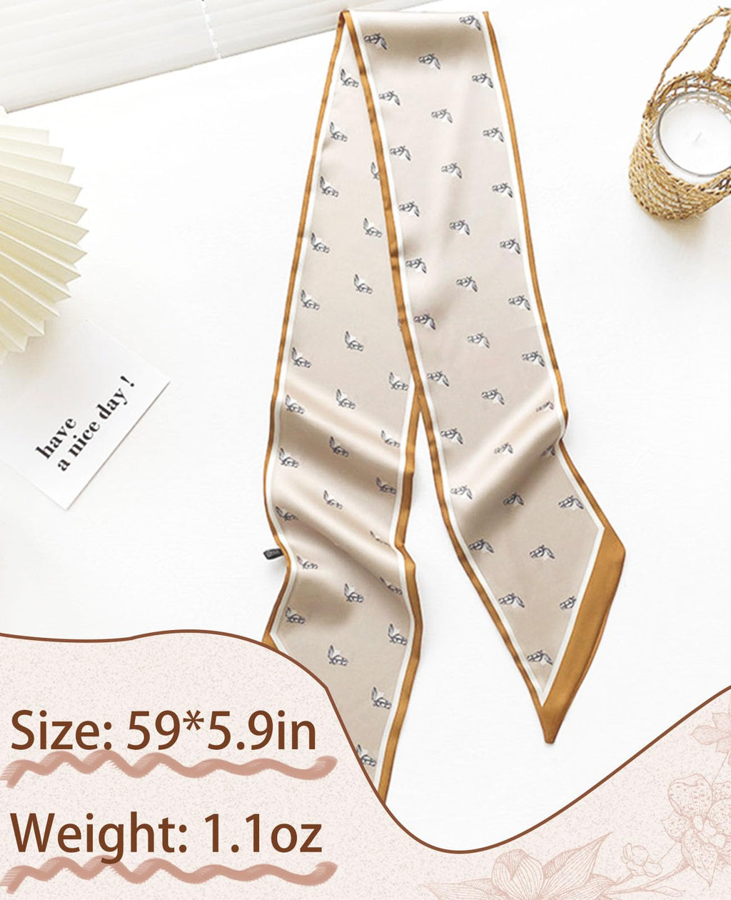 Clysoru Silk Neck Scarf Printed Scarves Head Women'S Fashion Oblique Angle Satin Scarfs For Bag Hair 59    X 5.9    (Khaki white