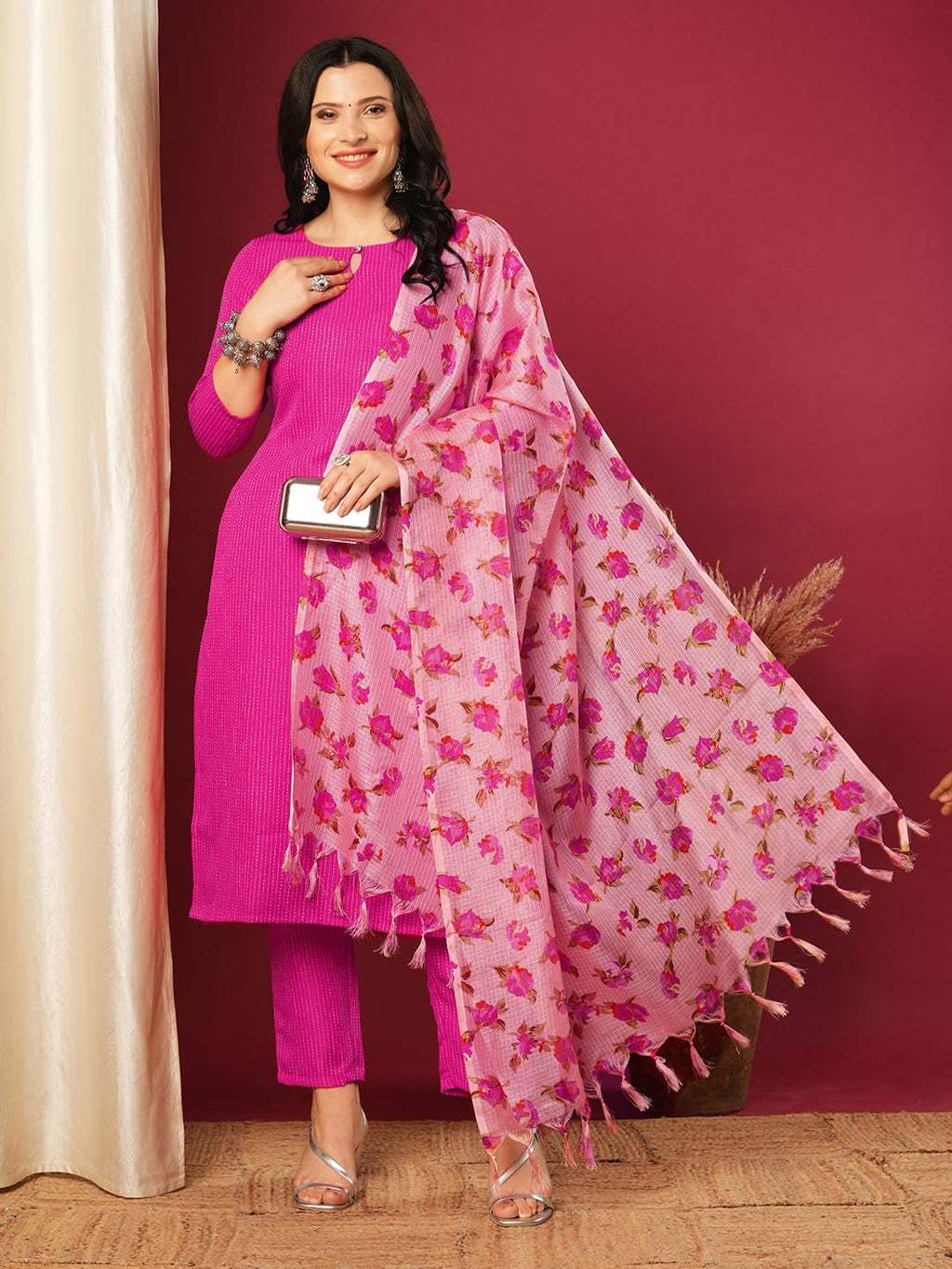 ANNI DESIGNER Ladies Viscose Rayon Kurta with Trousers and Dupatta, pink, S
