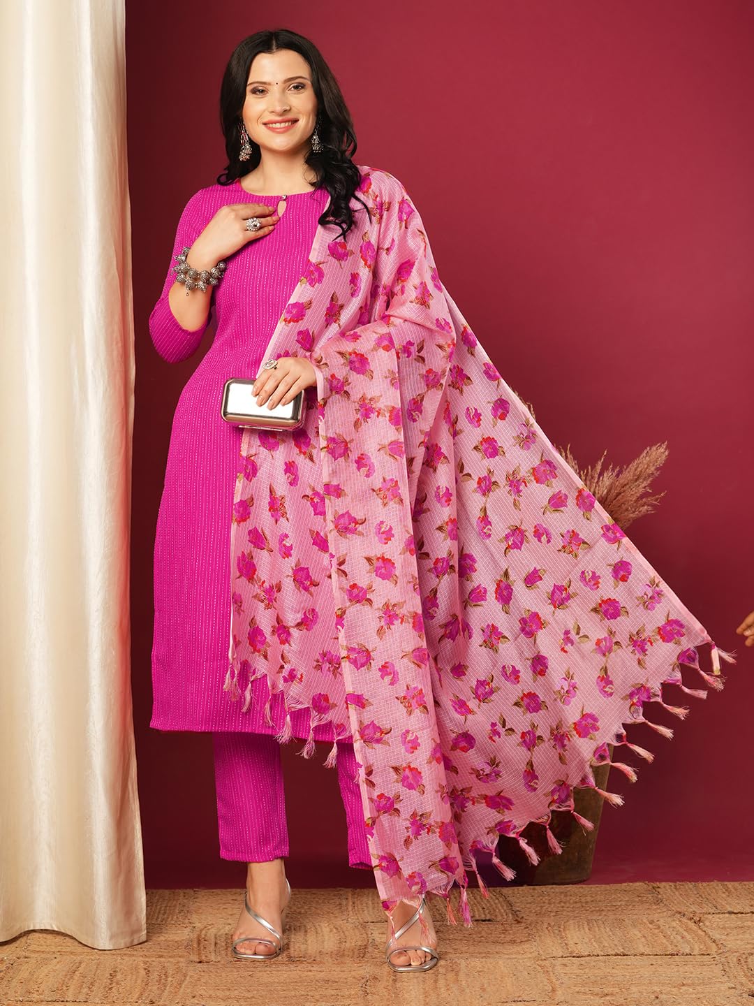 ANNI DESIGNER Ladies Viscose Rayon Kurta with Trousers and Dupatta, pink, S