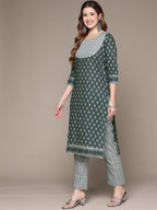 Anubhutee Women Teal Ethnic Motifs Printed Pure Cotton Kurta With Trousers & With Dupatta