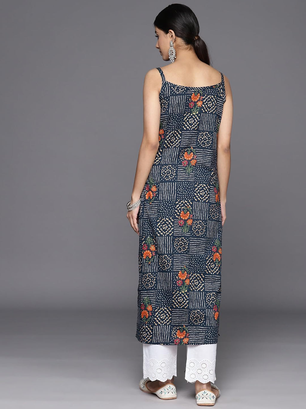 Varanga Women Navy Blue Bandhani Printed Round Neck Strap Style Kurta