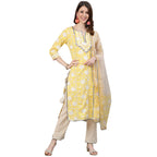 Ishin Women'S Cotton Yellow & Off White Embroidered A-Line Kurta Set With Trouser And Dupatta