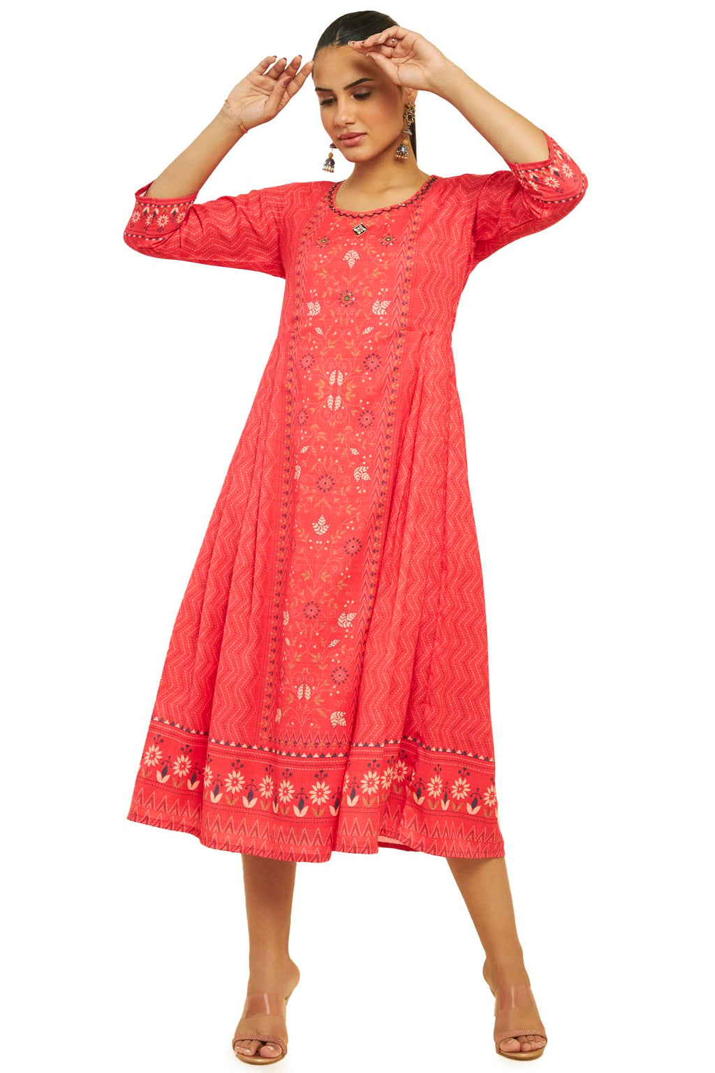 Soch Women Red Cotton Blend Printed Dress Kurta(8907715949377_Red_M)
