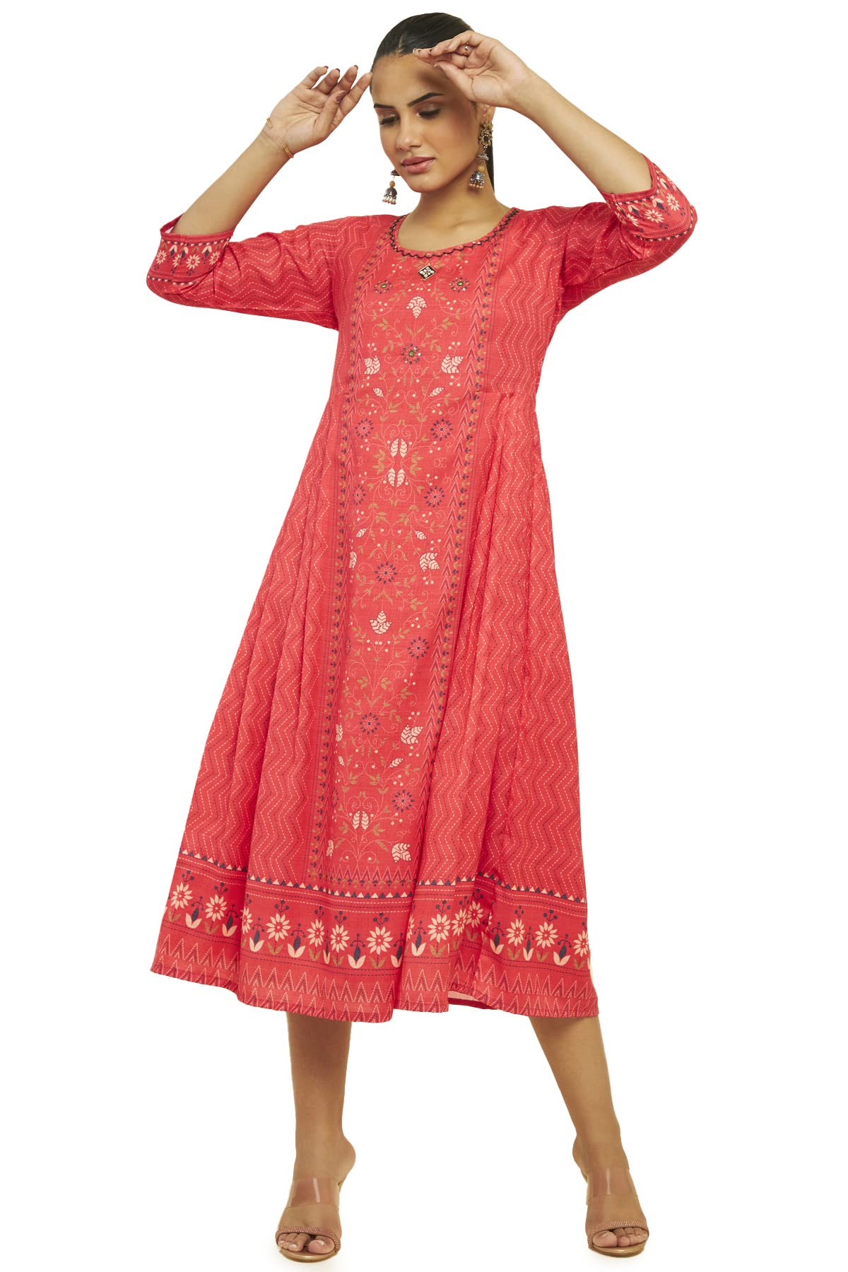 Soch Women Red Cotton Blend Printed Dress Kurta(8907715949377_Red_M)