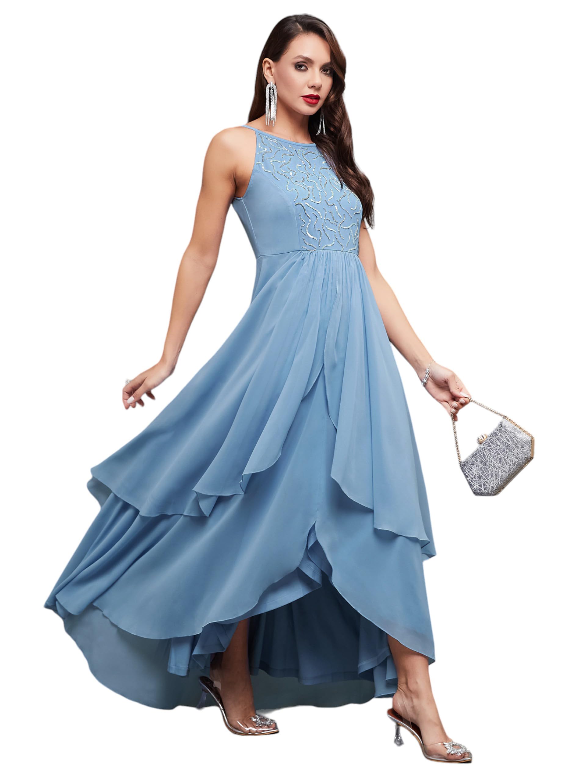 Miss Chase WomenS Halter-Neck Sleeveless Embroidelayegeorgette Maxi Dress (Mcaw22D99-88-842-02, Snow Blue, Xs)