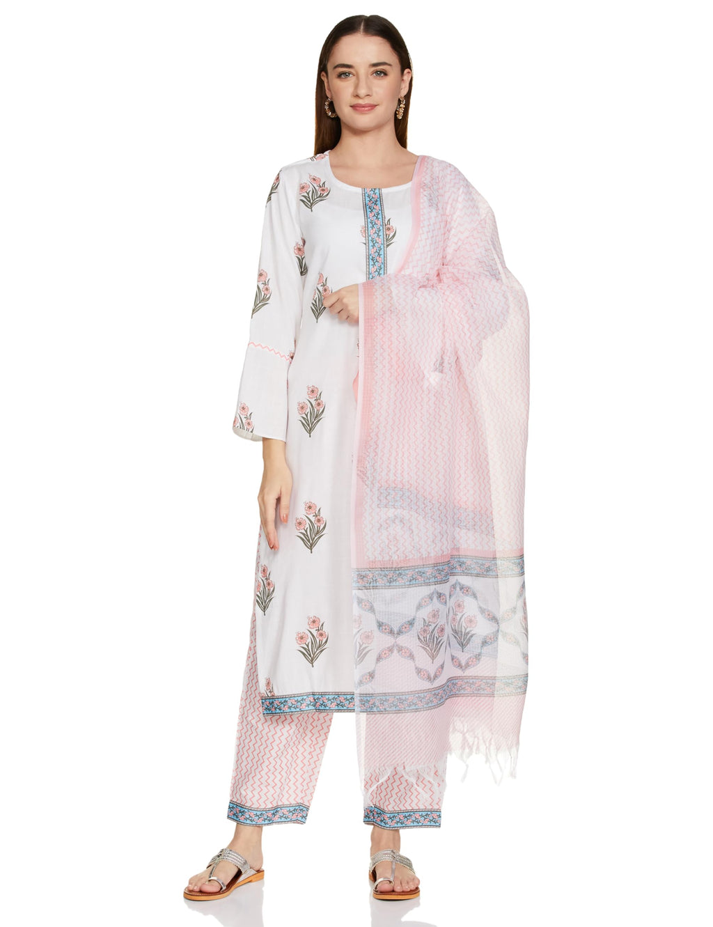KLOSIA Women Block Printed Kurta and Pant Set with Dupatta (Large)