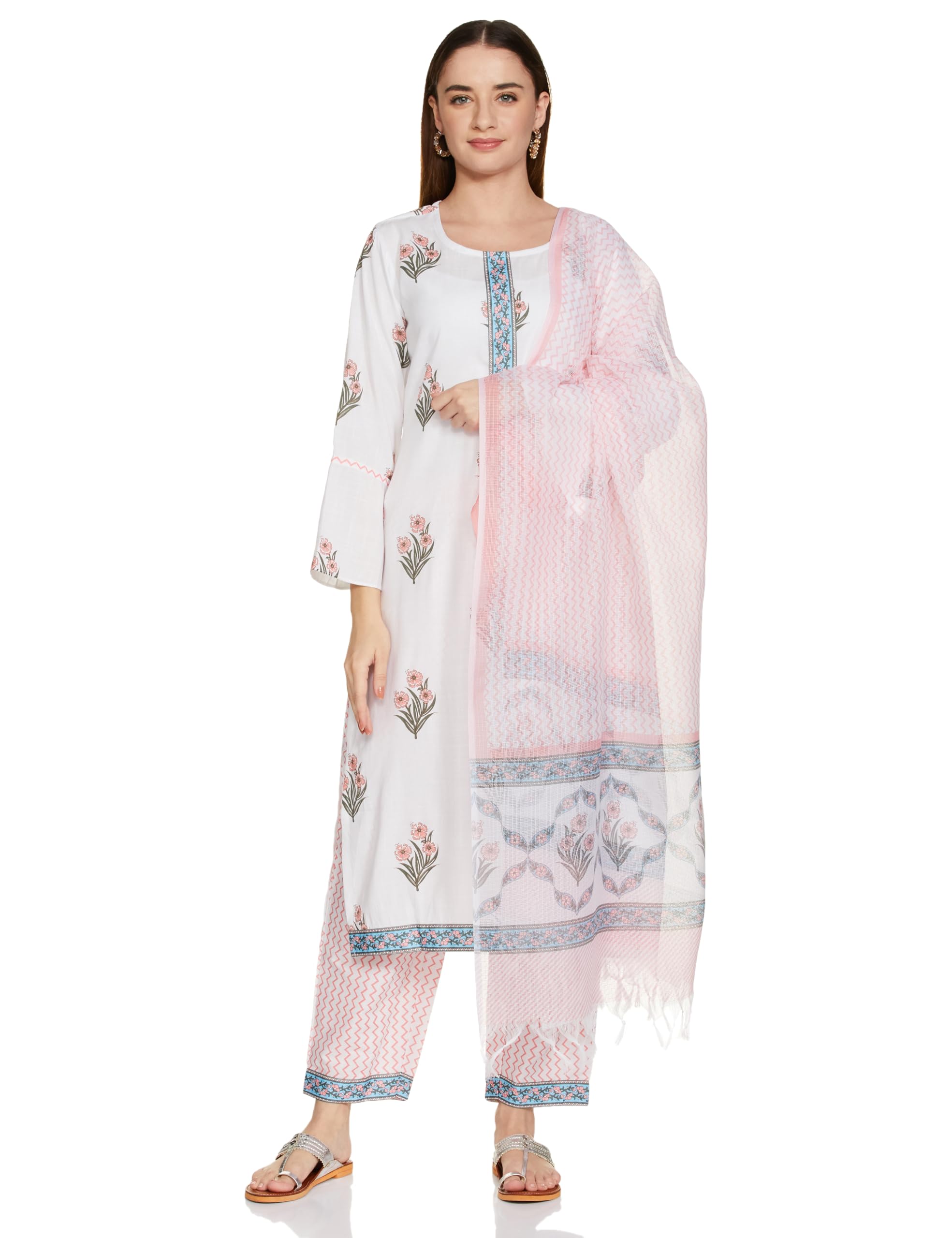 KLOSIA Women Block Printed Kurta and Pant Set with Dupatta (Large)