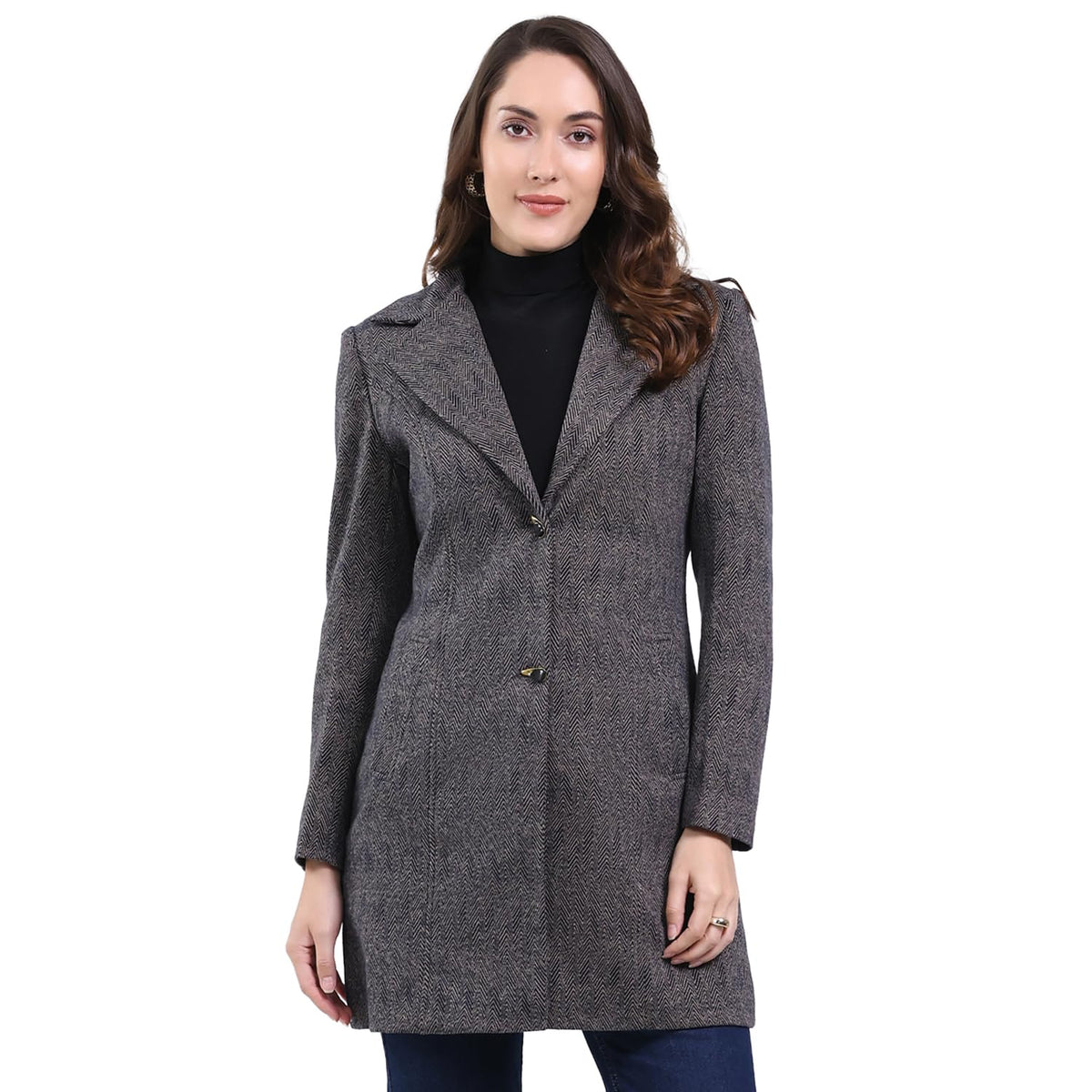 Monte Carlo Women Regular Fit Self Designed Pattern Notch Lapel Side Pocket Button Closure Full Sleeve Winter Coat| Warm Woolen  2