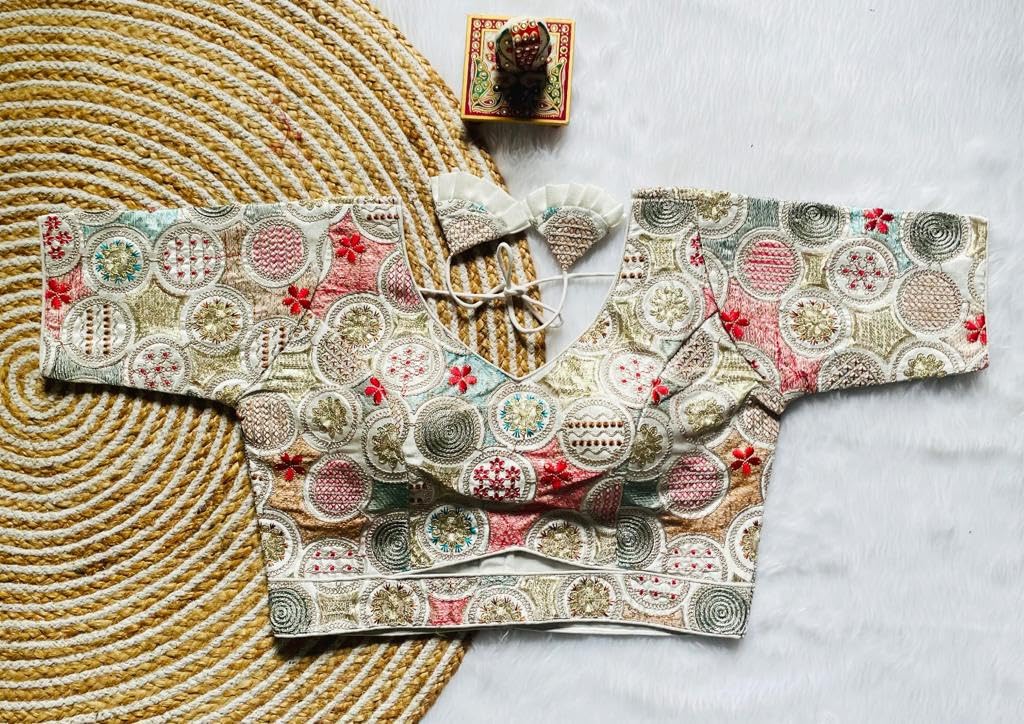 Vihu Fashion WomenS Milan Silk Half Sleeve Blouse Embroidery Multi Coding Gold Thread Blouses Handwork White Color Readymade Sa