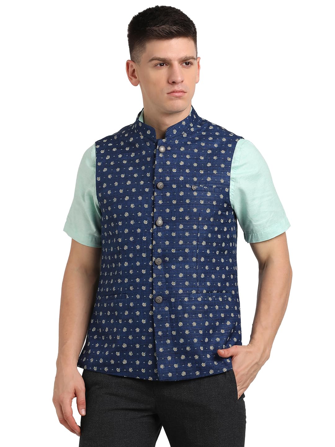 Turtle Men Cotton Viscose Brown Printed Nehru Jacket