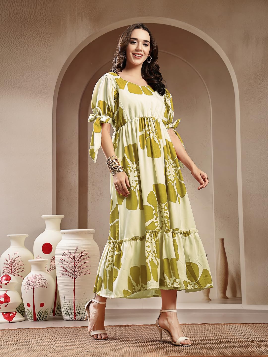 Stylum Womens Green Floral Printed Rayon Tiered Dress