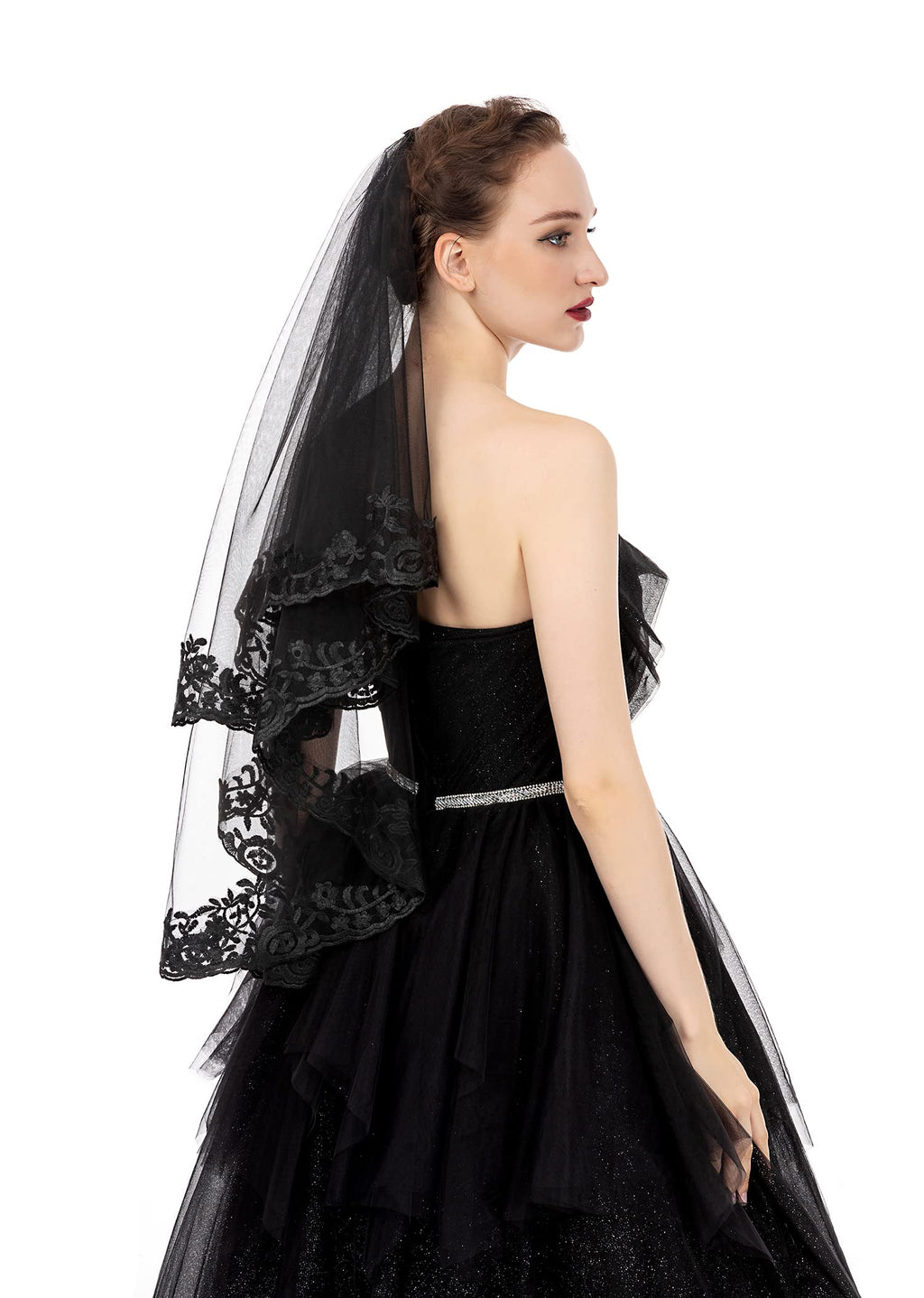 PAMOR Black Lace Veil Creative Mantilla Cathedral Tulle Sheer Wedding Halloween Veil for Bride With Comb