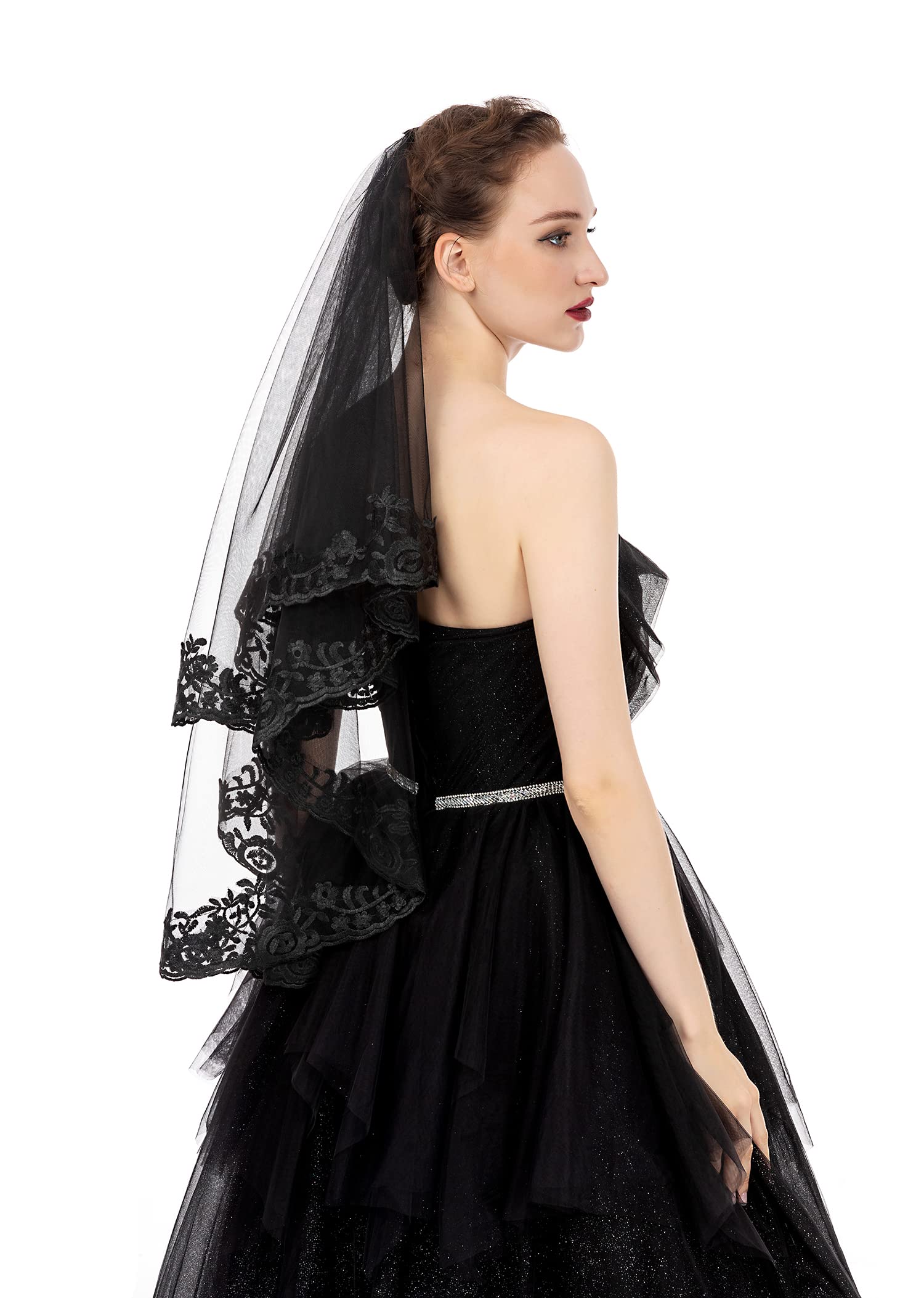 PAMOR Black Lace Veil Creative Mantilla Cathedral Tulle Sheer Wedding Halloween Veil for Bride With Comb